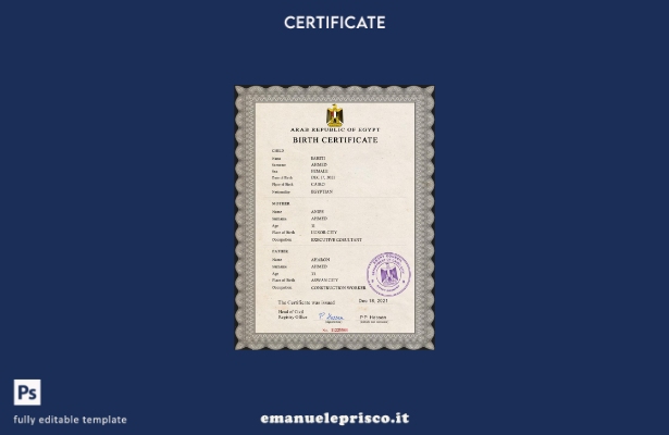 modello PSD del certificato di nascita del documento di stato civile egiziano in